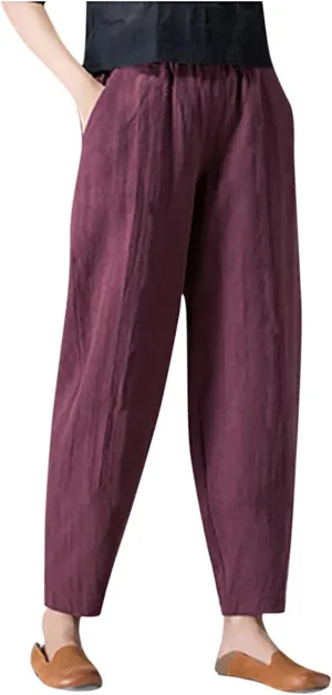 2024 Summer Pants for Women Cotton Linen Breathable Lightweight Yoga Pants Elastic Waist Beach Trousers Trendy Harem Pant