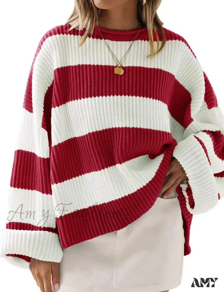 Amy Fashion - Women's Striped Color Comfy Knitted Sweater