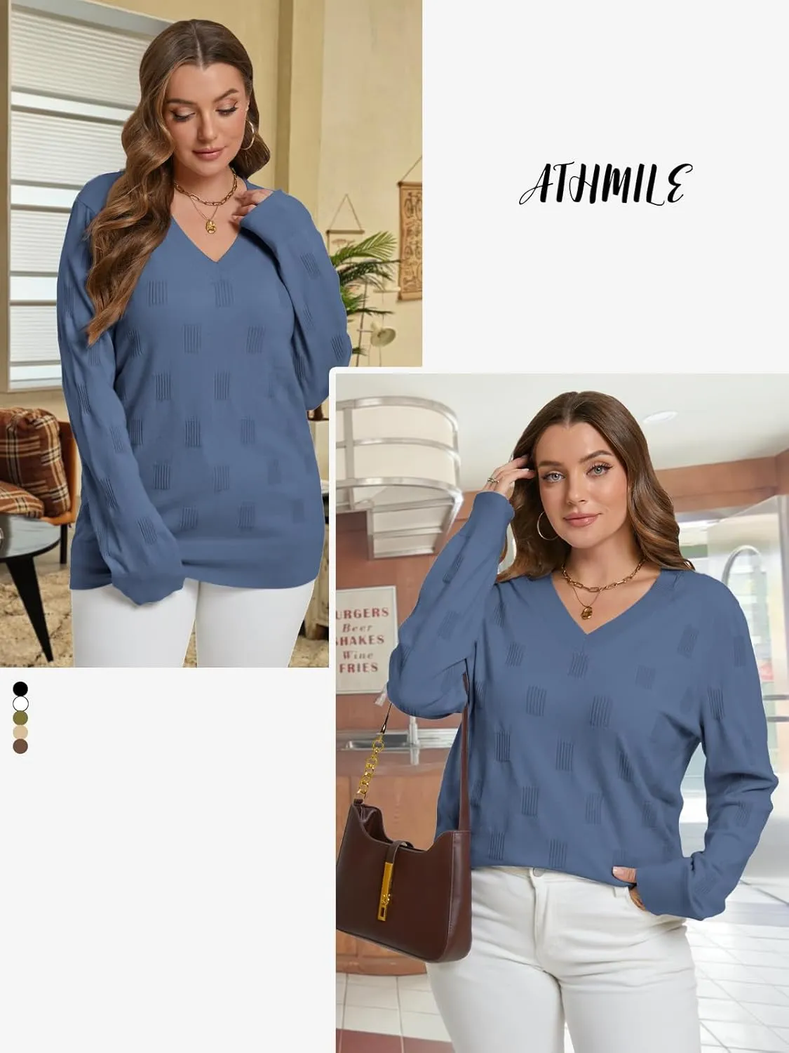 ATHMILE Women's Fall Tops 2025 Fashion Trendy Pullover Sweater V Neck Long Sleeve Shirt Knit Blouse Clothes Outfits