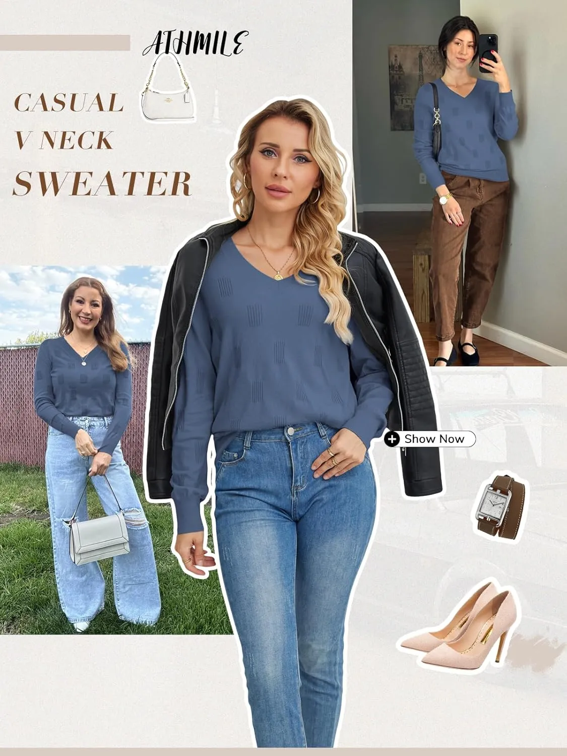 ATHMILE Women's Fall Tops 2025 Fashion Trendy Pullover Sweater V Neck Long Sleeve Shirt Knit Blouse Clothes Outfits