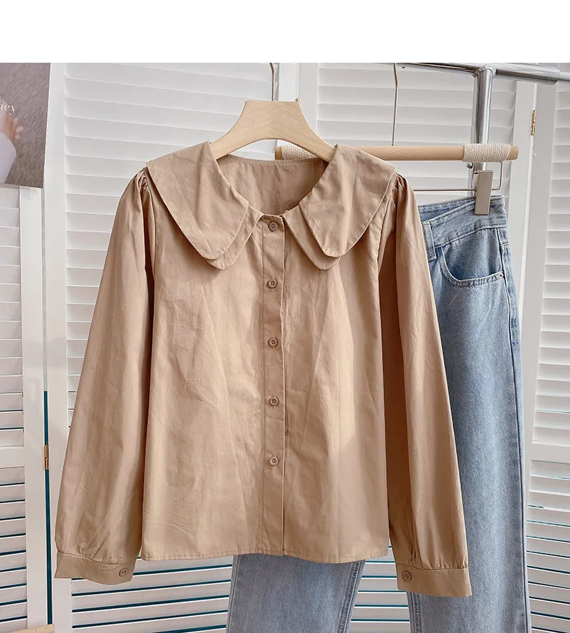 Baby collar solid color long sleeve shirt looks thin and versatile top  6372