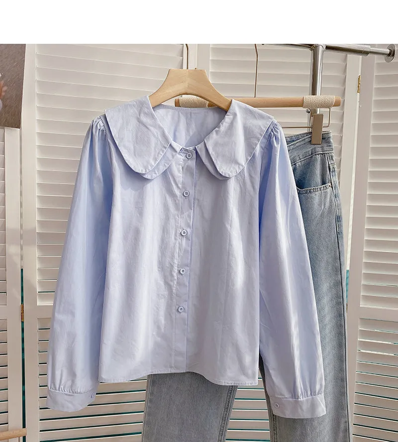 Baby collar solid color long sleeve shirt looks thin and versatile top  6372