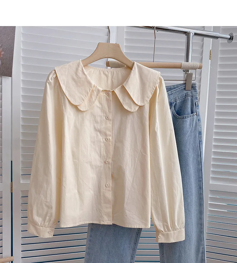 Baby collar solid color long sleeve shirt looks thin and versatile top  6372