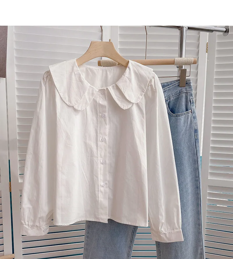 Baby collar solid color long sleeve shirt looks thin and versatile top  6372