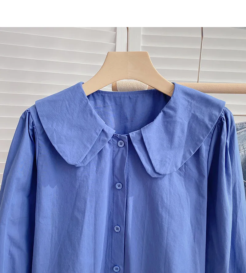 Baby collar solid color long sleeve shirt looks thin and versatile top  6372