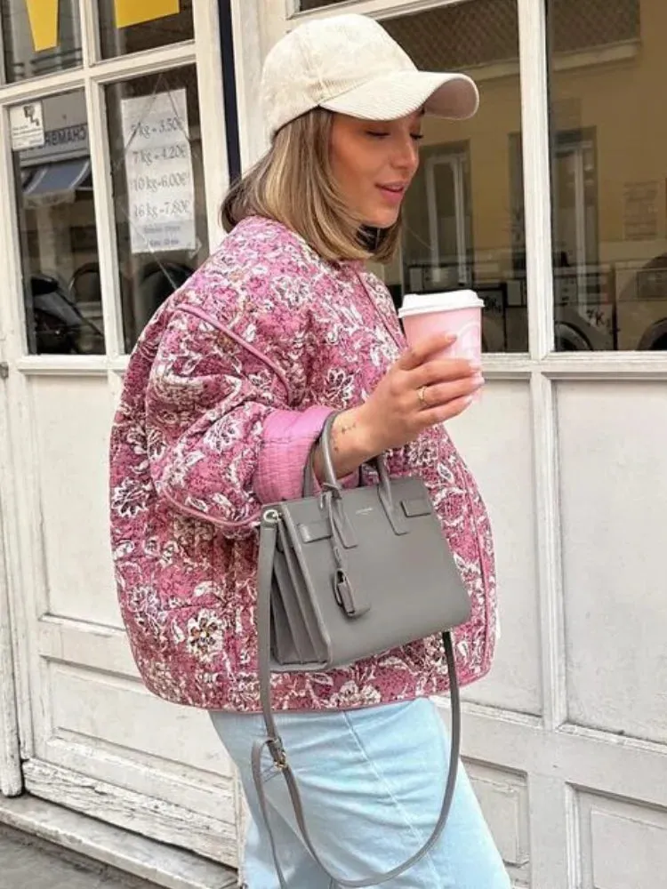 Back To School Joskaa New Printed Round Neck Single Breasted Women's Cotton Coats Casual Warm Long Sleeved Outerwear 2024 Lady Winter Chic Streetwear