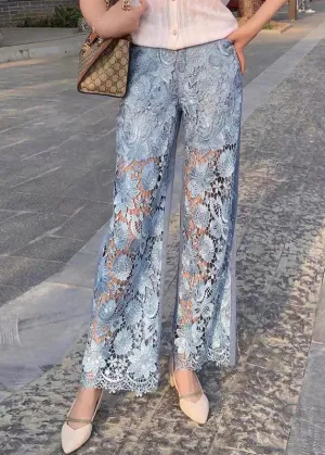 Beautiful Blue Lace Patchwork High Waist Wide Leg Jeans Summer TY1037