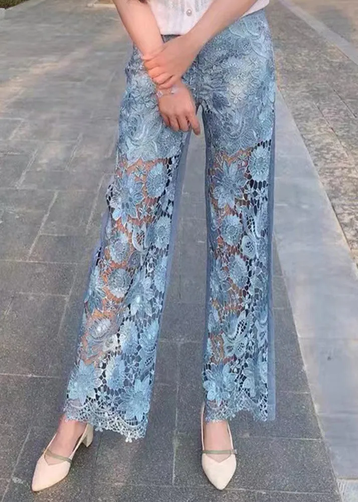 Beautiful Blue Lace Patchwork High Waist Wide Leg Jeans Summer TY1037