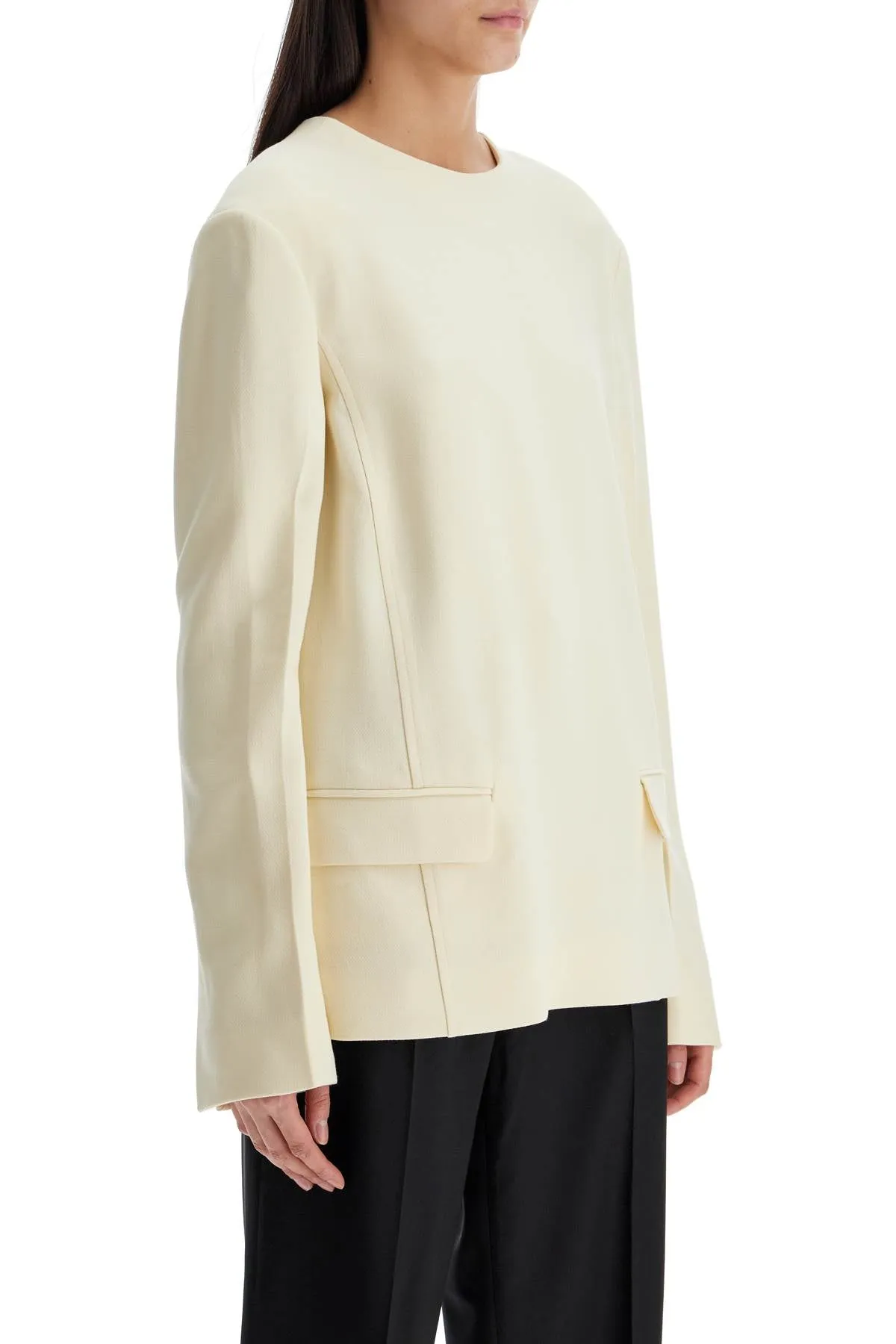 beige long sleeve top with applied pockets in viscose and wool 251 WRT0459 FB0335 BUTTER
