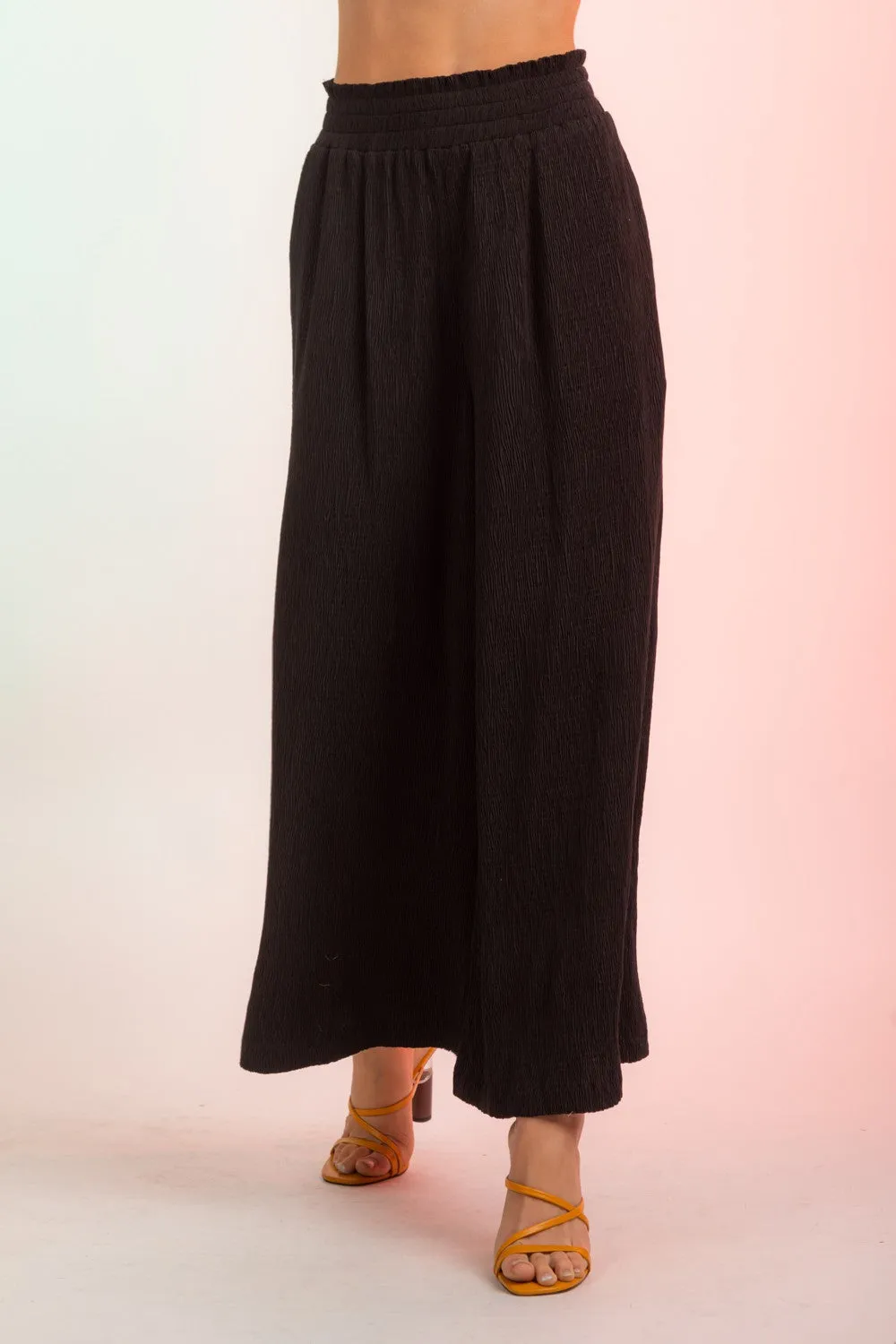 Black High-Waist Crinkled Wide Leg Pants with Pockets Final Sale