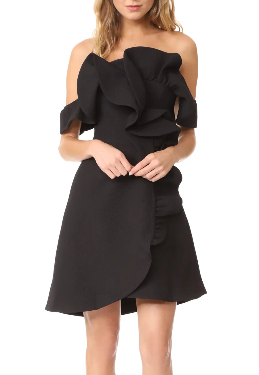 Black Message Strapless Off Shoulder Frill Mini Dress