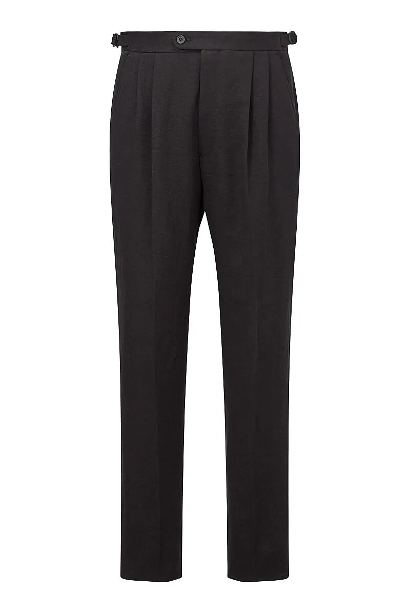 Black Single Pleat Linen Trousers