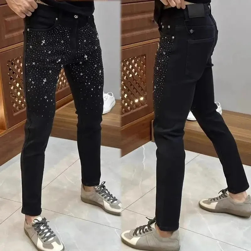 Black Stretch Rhinestone Fitted Casual Jeans