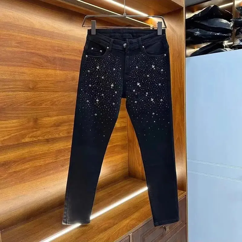 Black Stretch Rhinestone Fitted Casual Jeans