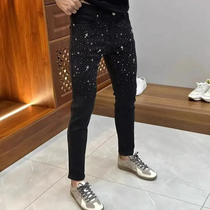 Black Stretch Rhinestone Fitted Casual Jeans