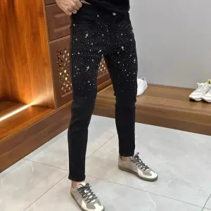Black Stretch Rhinestone Fitted Casual Jeans