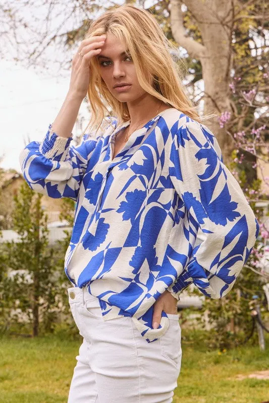 Blue and White Floral LS Top