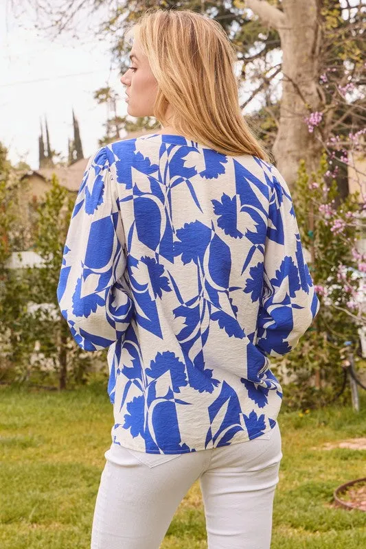 Blue and White Floral LS Top