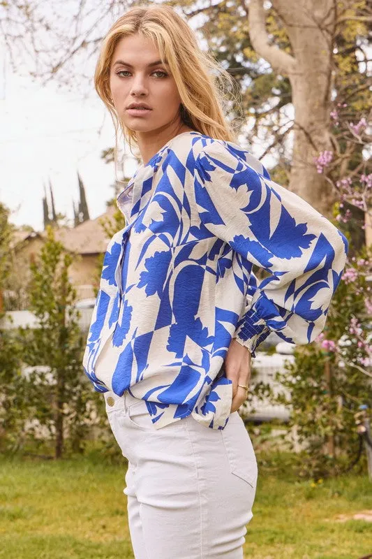 Blue and White Floral LS Top