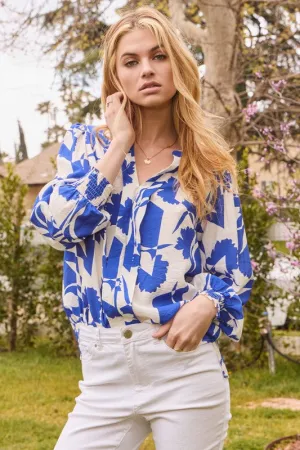Blue and White Floral LS Top