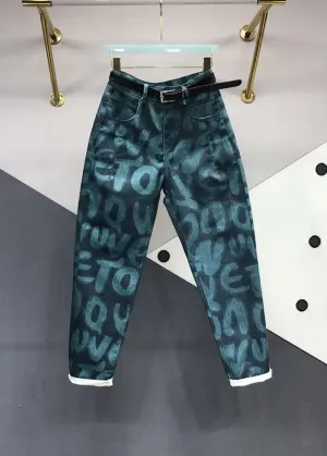 Bohemian Green Pockets Graphic Print Jeans Fall ML0711