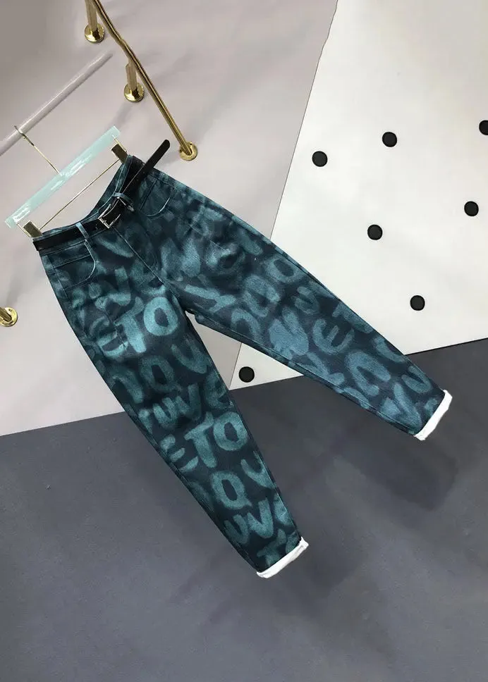 Bohemian Green Pockets Graphic Print Jeans Fall ML0711