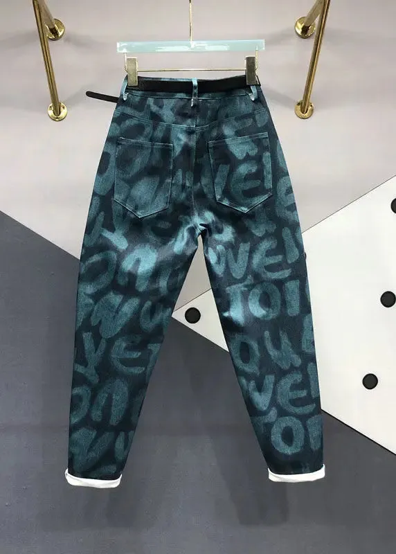 Bohemian Green Pockets Graphic Print Jeans Fall ML0711