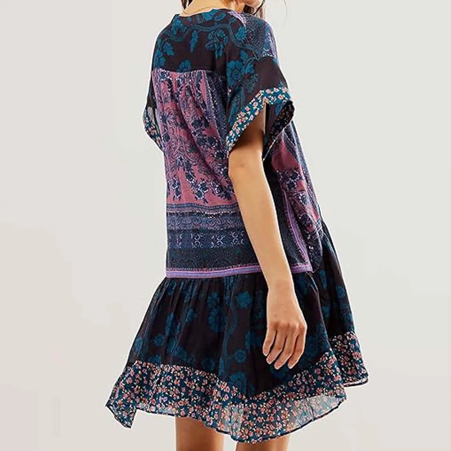 Boho Dresses for Women 2024 V Neck Floral Print Short Sleeve Mini Dress Babydoll Sundress Summer Beach Flowy Dress