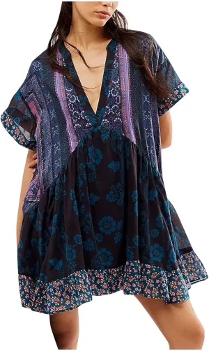 Boho Dresses for Women 2024 V Neck Floral Print Short Sleeve Mini Dress Babydoll Sundress Summer Beach Flowy Dress