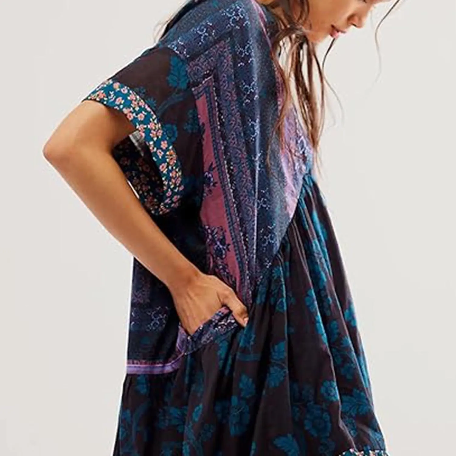 Boho Dresses for Women 2024 V Neck Floral Print Short Sleeve Mini Dress Babydoll Sundress Summer Beach Flowy Dress