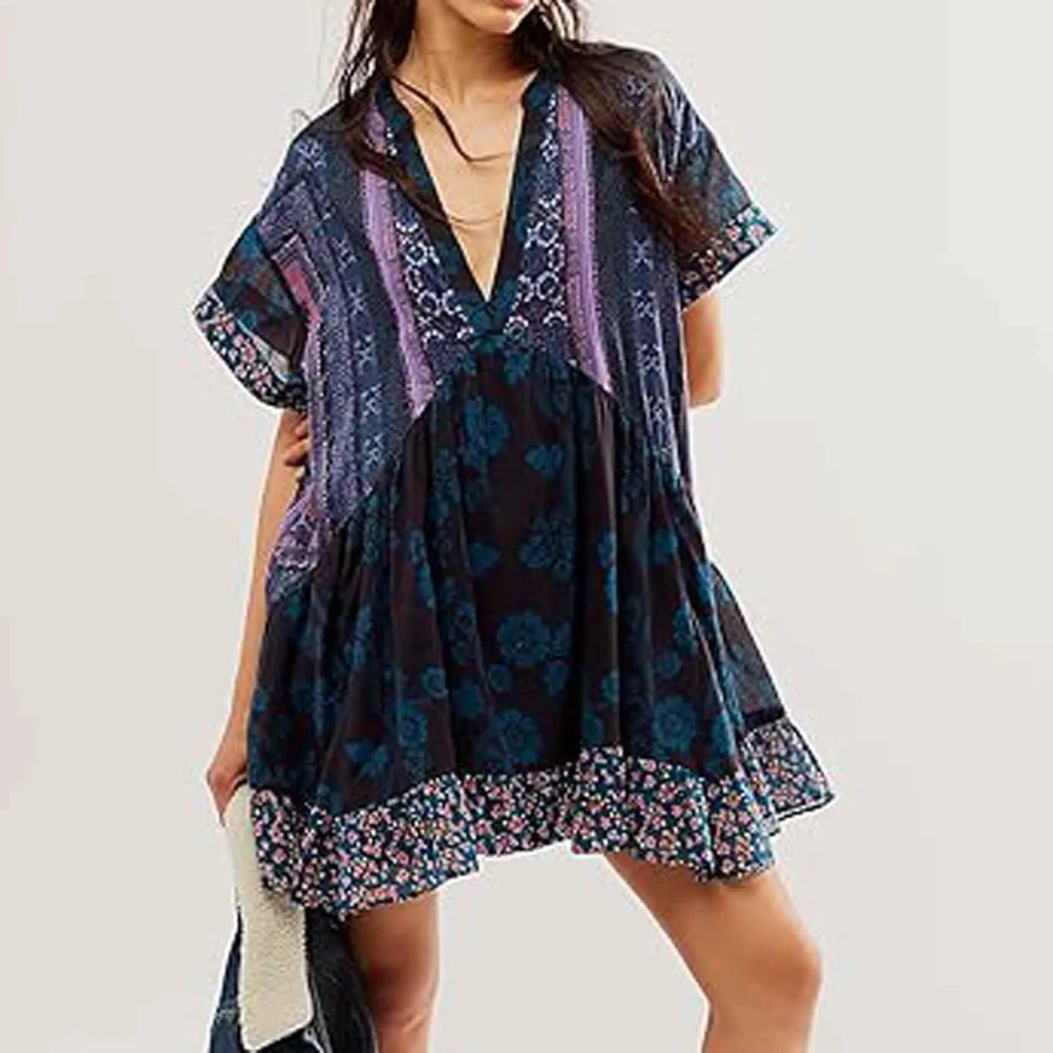 Boho Dresses for Women 2024 V Neck Floral Print Short Sleeve Mini Dress Babydoll Sundress Summer Beach Flowy Dress