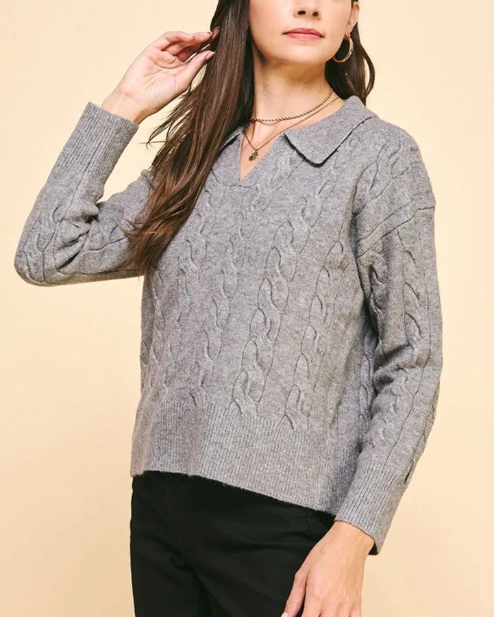Cable Knit Collared Sweater Top - Heather Grey - FINAL SALE