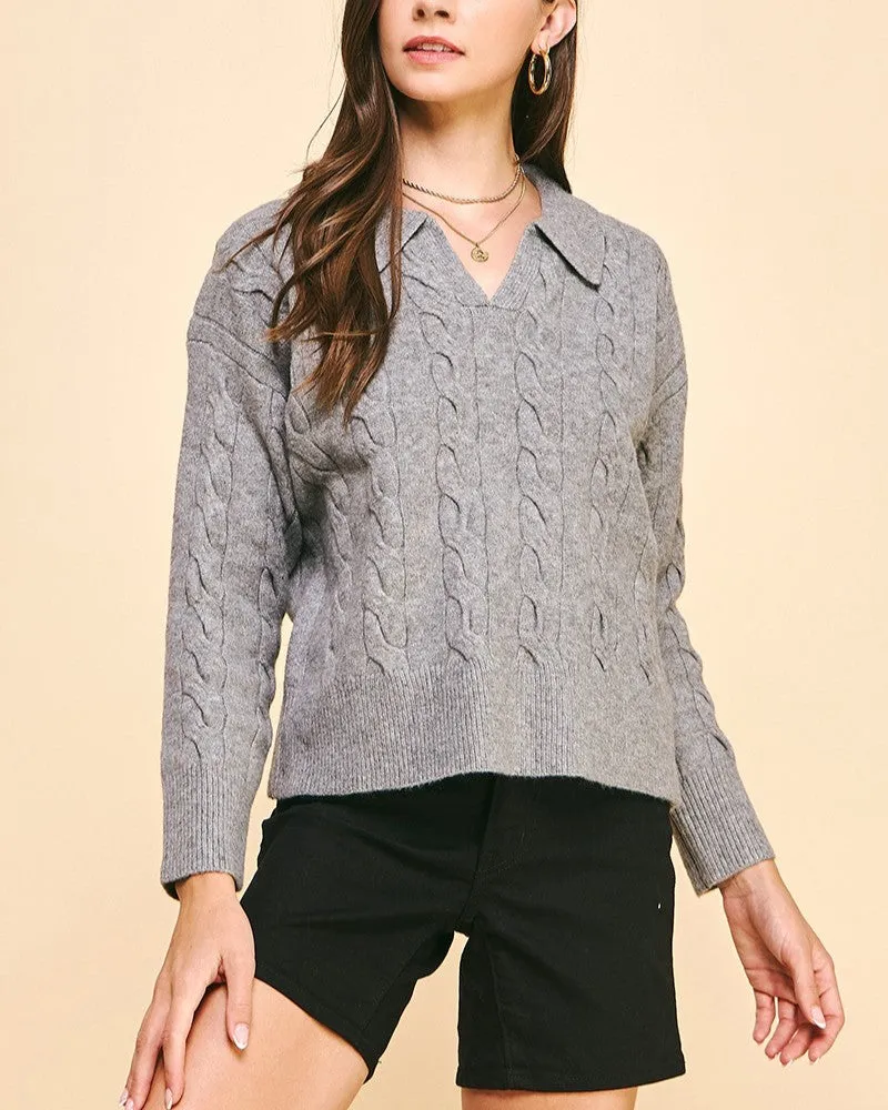 Cable Knit Collared Sweater Top - Heather Grey - FINAL SALE