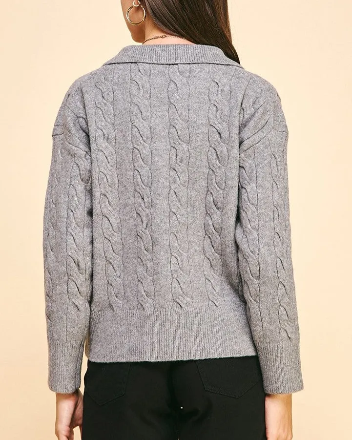 Cable Knit Collared Sweater Top - Heather Grey - FINAL SALE