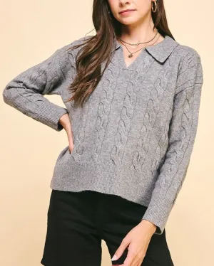 Cable Knit Collared Sweater Top - Heather Grey - FINAL SALE
