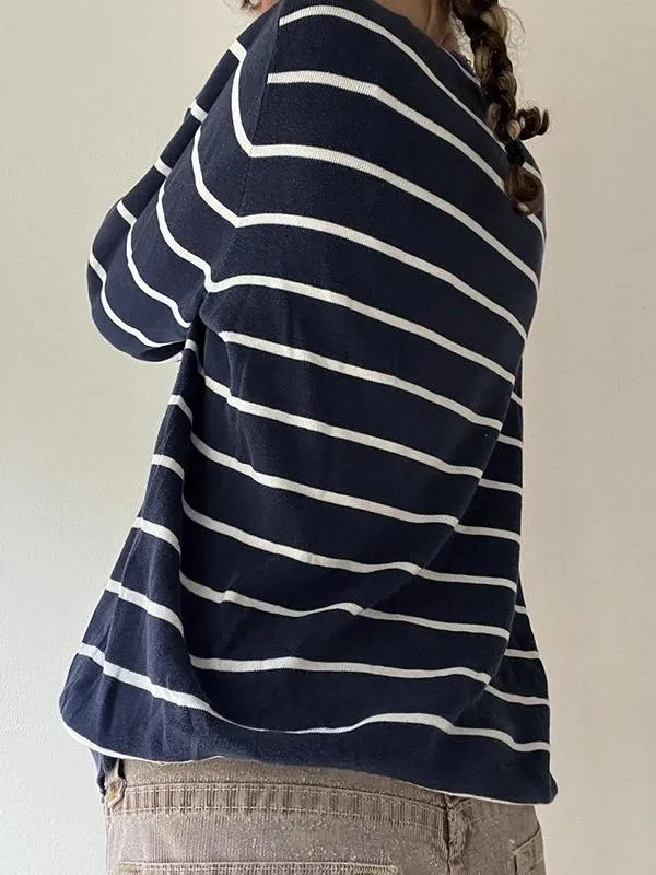 Casual Contrast Striped Sweater Versatile Loose Top