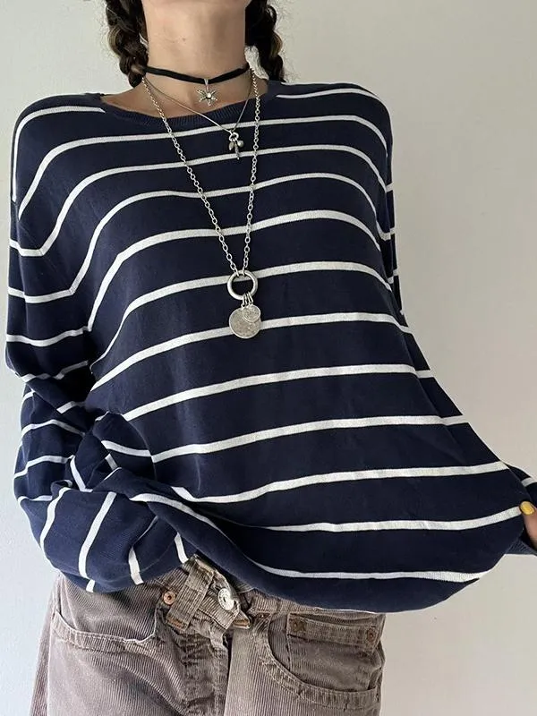 Casual Contrast Striped Sweater Versatile Loose Top