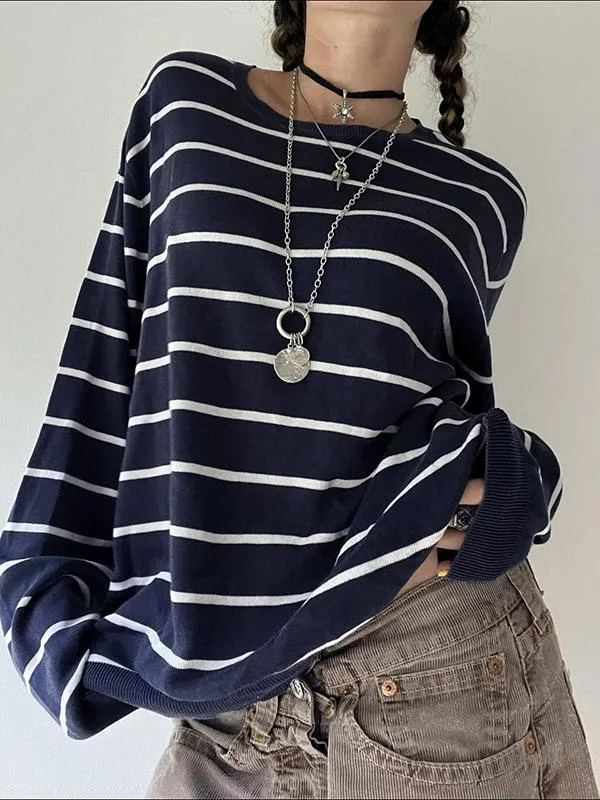 Casual Contrast Striped Sweater Versatile Loose Top