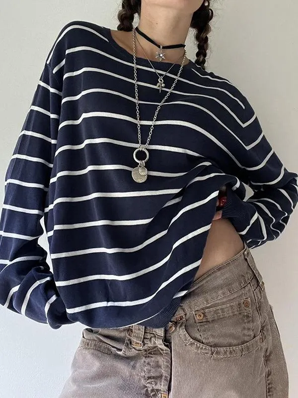 Casual Contrast Striped Sweater Versatile Loose Top