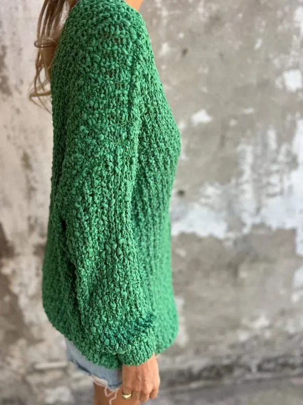Chunky Flower Knitted V-Neck Lazy Long Sleeve Sweater