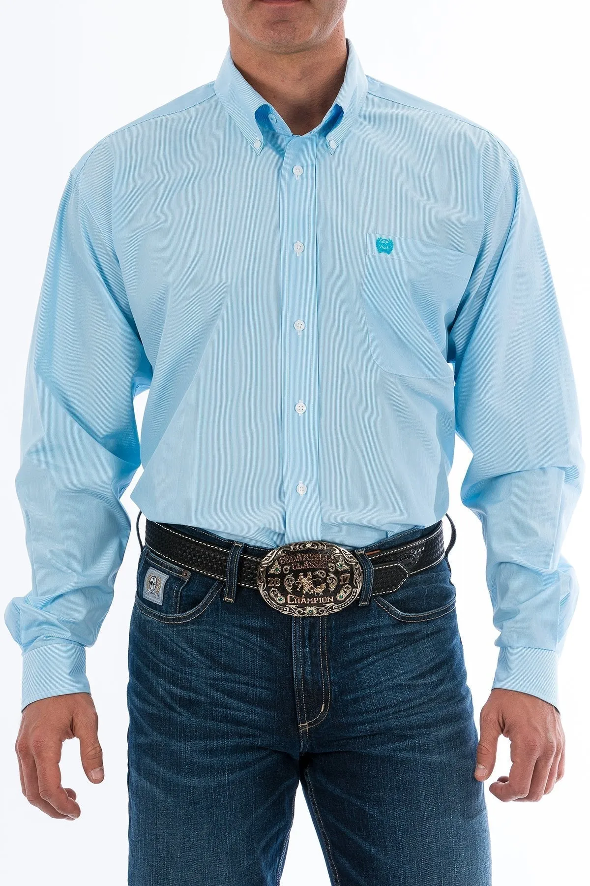 CINCH MENS LIGHT BLUE MICRO STRIPE BUTTON-DOWN WESTERN SHIRT STYLE MTW1104732