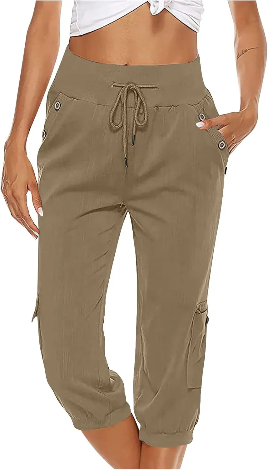 Cotton Linen Capri Women Casual Drawstring Elastic Waist Pants High Waisted Pants Summer Wide Leg Cropped Trousers