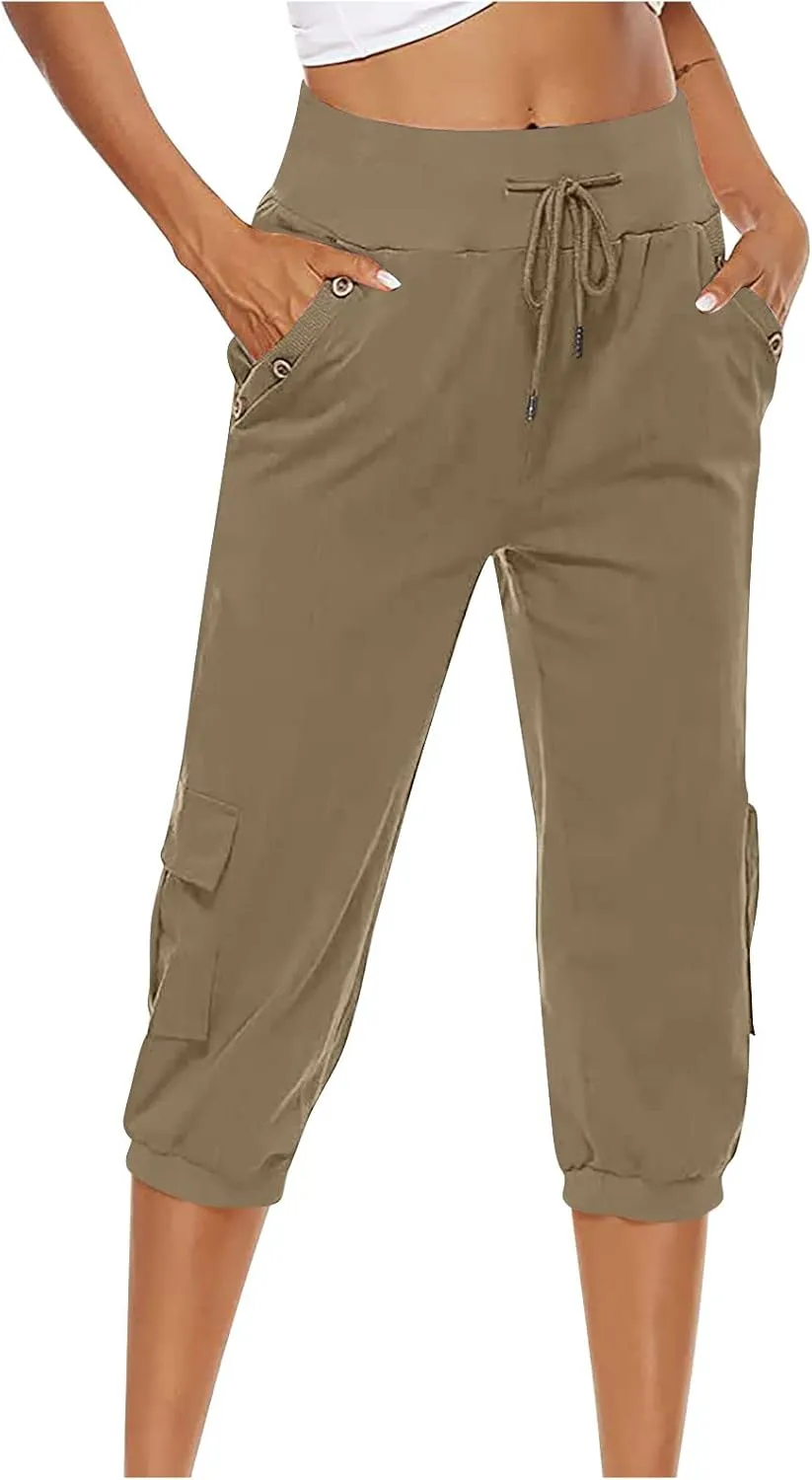 Cotton Linen Capri Women Casual Drawstring Elastic Waist Pants High Waisted Pants Summer Wide Leg Cropped Trousers