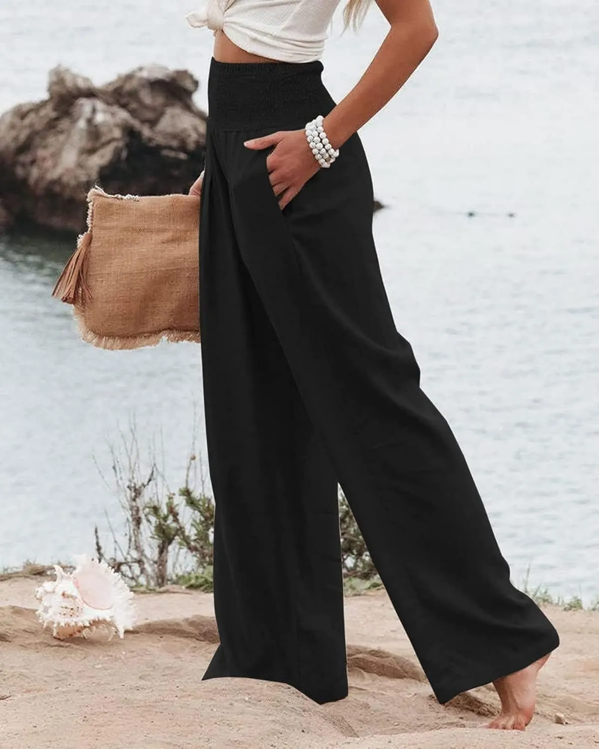 Cotton Linen Palazzo Pants for Women Summer High Waisted Wide Leg Long Casual Baggy Pant Loose Trousers with Pockets