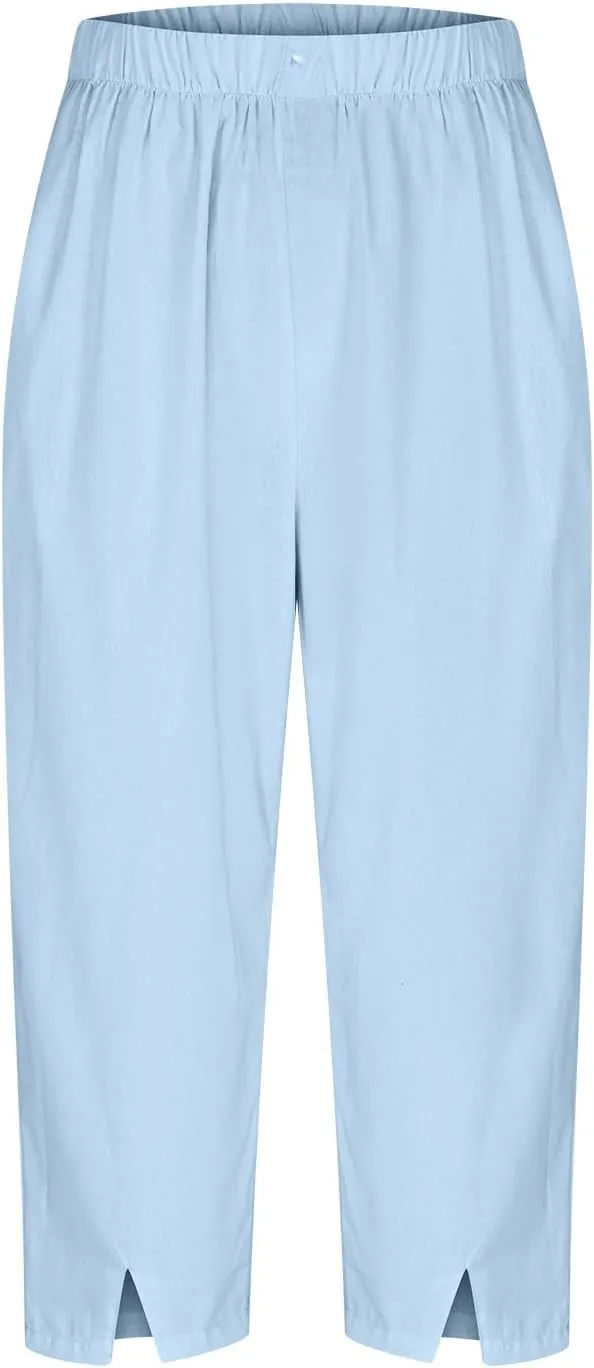 Cropped Trousers for Women Cotton Linen Capri Pants Elasticated Waist Wide Leg Trouser Summer Pant Plain Baggy Capris