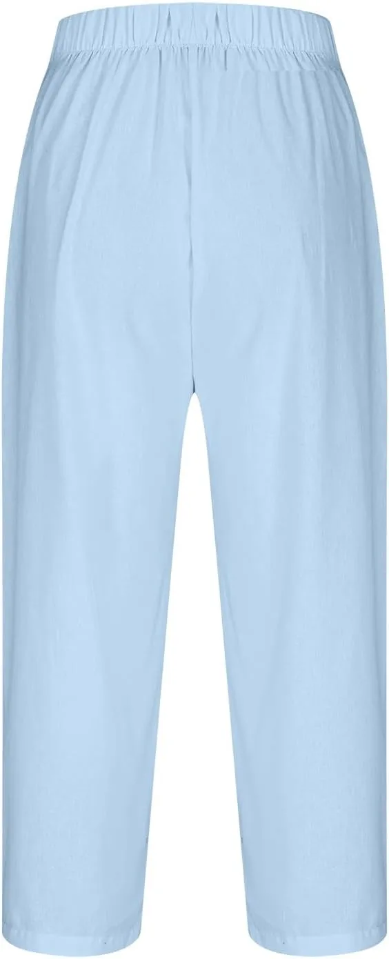 Cropped Trousers for Women Cotton Linen Capri Pants Elasticated Waist Wide Leg Trouser Summer Pant Plain Baggy Capris