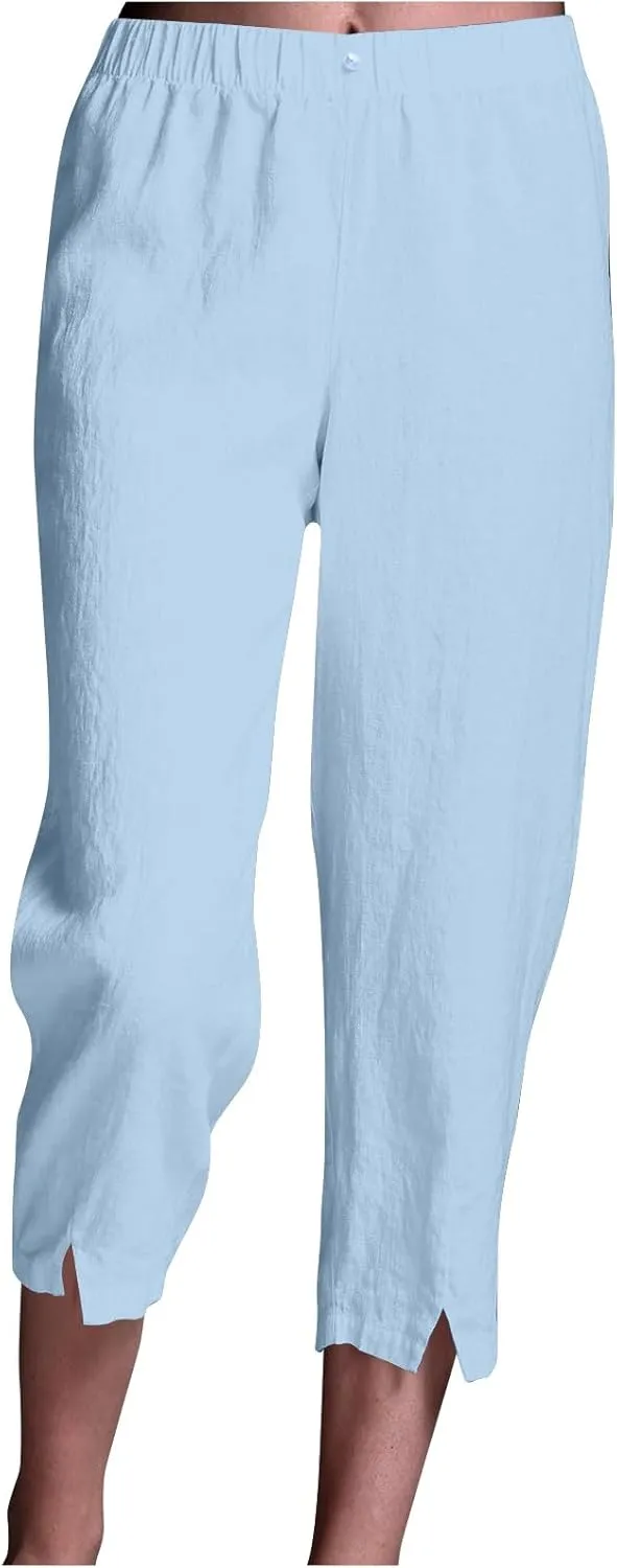 Cropped Trousers for Women Cotton Linen Capri Pants Elasticated Waist Wide Leg Trouser Summer Pant Plain Baggy Capris