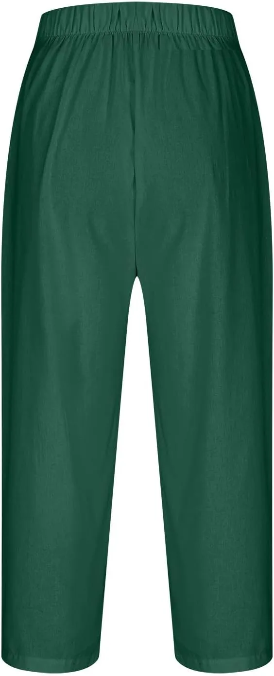 Cropped Trousers for Women Cotton Linen Capri Pants Elasticated Waist Wide Leg Trouser Summer Pant Plain Baggy Capris