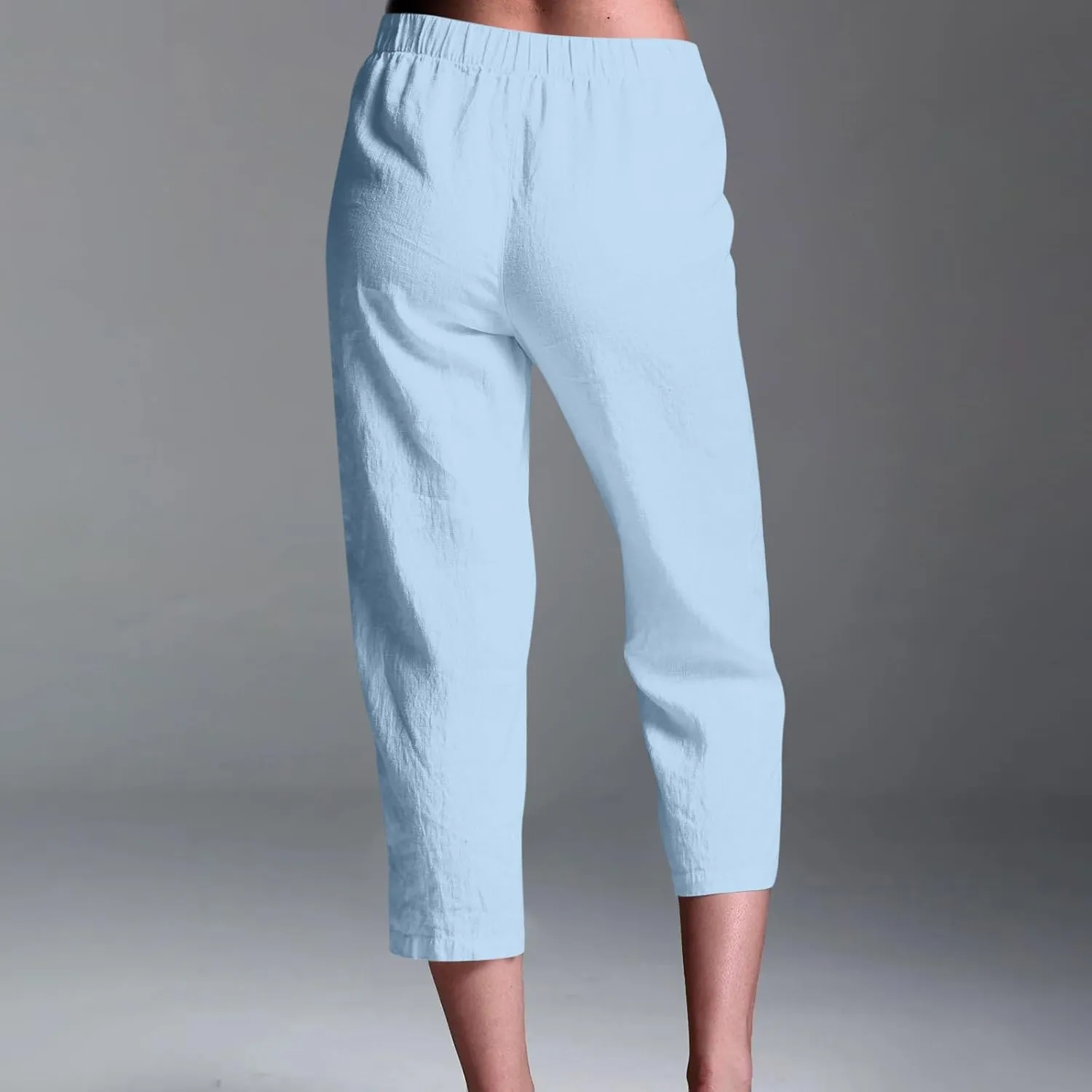 Cropped Trousers for Women Cotton Linen Capri Pants Elasticated Waist Wide Leg Trouser Summer Pant Plain Baggy Capris