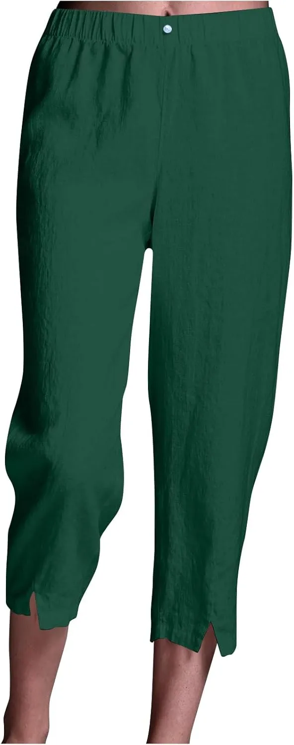 Cropped Trousers for Women Cotton Linen Capri Pants Elasticated Waist Wide Leg Trouser Summer Pant Plain Baggy Capris